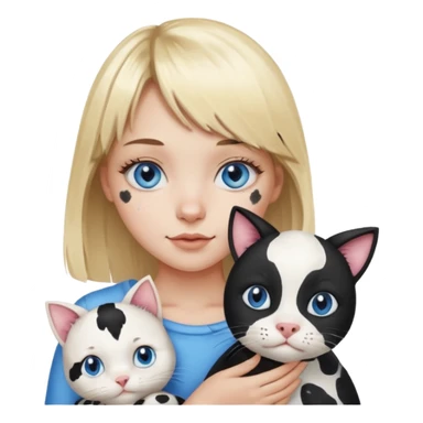 Cute cat black and white stain like a cow in the arms of a blond girl with bangs and blue eyes sticker
