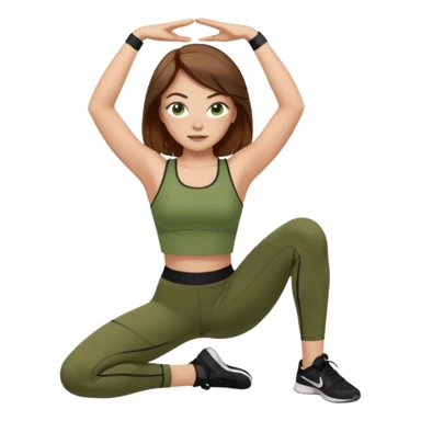 Girl with green eyes, brown hair that goes to her elbows, light skin, and freckles wearing an olive green crop top with black leggings working out, she has light gorgeous lashes sticker