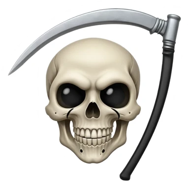 A laughing skull with a scythe crossed behind it, one eye socket winking. Clean, stylized lines, flat vector. Medieval woodcut style. Black and white with one accent color (tarnished silver). No background. sticker