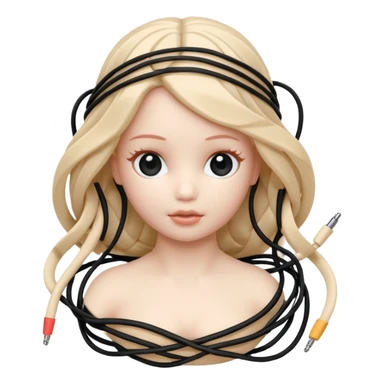 Plastic doll tightly bound with tangled AUX cables. sticker