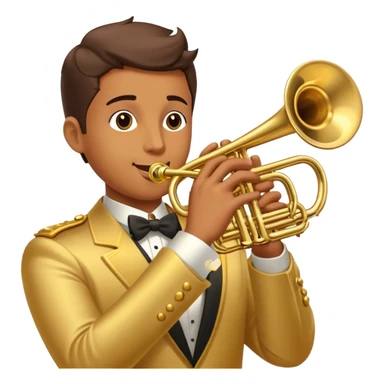 Cinematic Realistic Trumpet, polished brass with warm golden reflections, intricate valve details subtly highlighted, soft hands pressing the keys, glowing with bold and triumphant musical energy. sticker