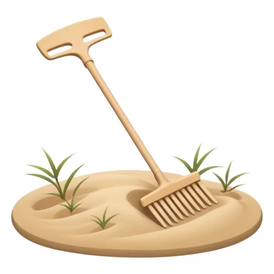 Minimalist emoji of a Japanese zen garden rake with four teeth, elegant thin lines, light wood tone, sand-beige palette, flat vector style, calm and balanced aesthetic, zen-inspired, transparent background, premium minimal design sticker