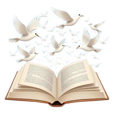 Icon for Poetry Reading: an open book with pages flying out, transforming into a large flock of small white birds soaring into the blue sky. The icon should evoke the freedom and beauty of poetic expression. Transparent background. sticker