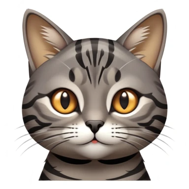 cinematic-cute-grey-and-black-brown-tabby-cat-portrait-emoji,-head-tilted-playfully-and-inquisitively,-sleek-grey-brown-fur-with-bold-black-tabby-stripes-and-a-distinctive-m-shaped-marking-on-the-forehead,-sparkling-amber-eyes,-simplified sticker