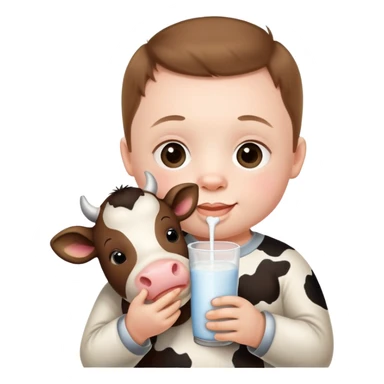 Down syndrome kid holding a moo moo cow that’s drinking moo moo cow milk sticker