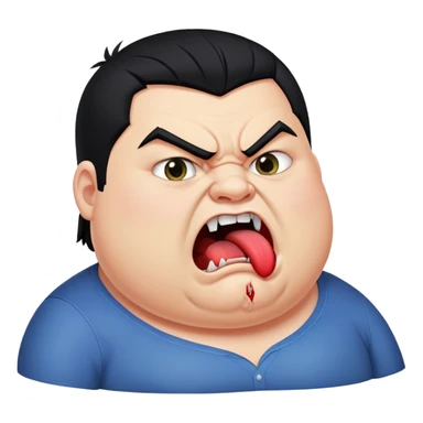 chubby young angry man in profile view with black hair, sharp fangs, crossed eyes, exaggerated long tongue sticking out sticker