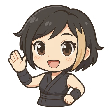 Make this exact chibi ninja girl wave to the left, keeping the same anime chibi style, face, outfit, and colors. Only change the arm position for animation. Transparent background, sized for Twitch emoji use. sticker