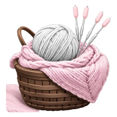 detailed, hyperrealism, still life beautiful ball of chunky white to light pink color wool, placed in a dark wooden basket, with other types of wool, to knit a blanket  metallic silver kitting needles. Transparent background. sticker