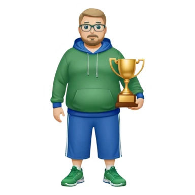 full body white obese male basketball coach with trophy. Goatee , Wearing glasses and blue and green hoodie and khaki pants sticker