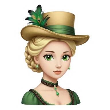 lady with Pale complexion, sharp features, high cheekbones, Blonde hair, usually styled in regancy braided updo, green eyes accessorized with a feathered hat,  sticker