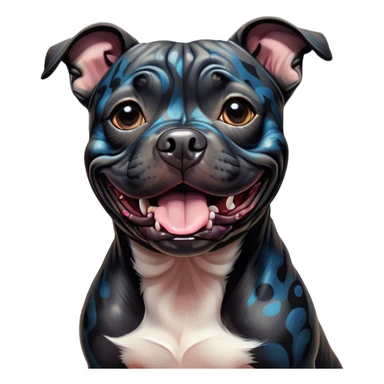 Cinematic Comical Black/Brindle Staffordshire Bull Terrier Portrait Emoji, Head tilted dramatically with an exaggeratedly amused expression, featuring a striking Fur with bold black and brindle patterns, wide, expressive dark eyes filled with playful disbelief, Simplified yet hilariously expressive features, highly detailed, glowing with a slightly sassy glow, high shine, dramatic yet playful, stylized with an air of cheeky mischief, bright and endearing, soft glowing outline, capturing the essence of a spirited and over-the-top guardian, so meme-worthy it feels like it could side-eye its way into internet fame instantly! sticker