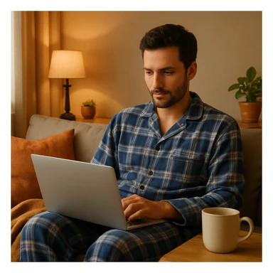 man working on a laptop while wearing pajamas, relaxed, casual home setting, cozy and comfortable atmosphere sticker