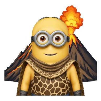 a minion wearing ancient animal skin cloth with volcano behind, half body, icon sticker