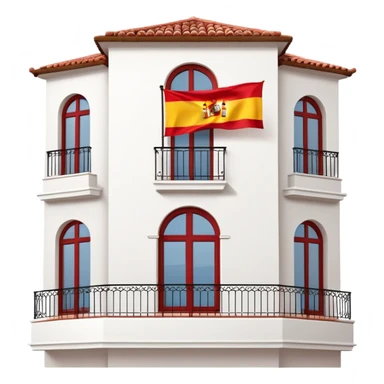 White stucco Spanish villa with red clay tile roof, arched windows, with Spanish flag (red-yellow-red horizontal stripes) hanging from the balcony sticker