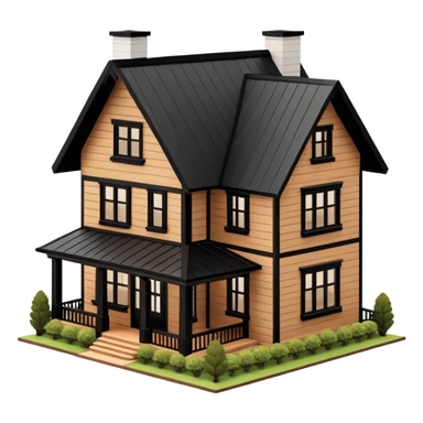 brown wooden modern farmhouse with black trim exterior, isometric dollhouse-style, highly detailed  sticker