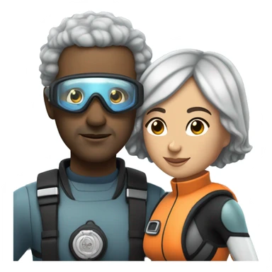 40 year old woman with light brown skin and short curly black hair, holding the hand of a 50 year old white man with short gray hair, both people dressed in snorkel gear sticker