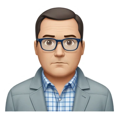50-year-old heavyset man with very wide face and prominent square jawline. Short straight hair combed to the side, not balding. Large dark square glasses. Serious-relaxed expression. Light gray jacket that fits his larger frame, white shirt with blue checkered pattern. sticker