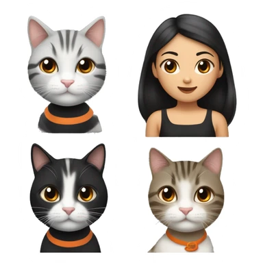 3 cats, one is grey tabby, one is 3 colors with orange black and white also she has spot on her upper lip like mustache. And one is orange tabby. I’m pretty asian woman with dark brown long hair wearing black tutle neck and so many cats hairs on it sticker