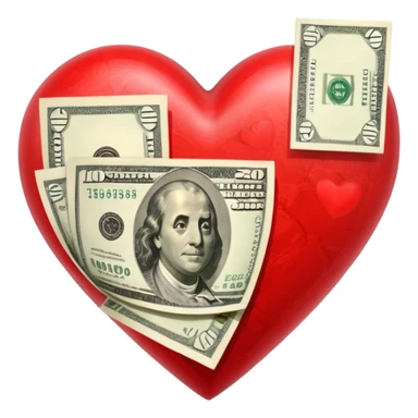 "Realistic HD red heart fused with money, cash integrated into the heart, glossy texture, clean white background." sticker