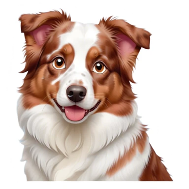 Cinematic Cute Predominantly White Red Merle Australian Shepherd Portrait Emoji, Head tilted playfully and inquisitively, predominantly white fur with vibrant red merle patches, round, sparkling blue eyes filled with curiosity, Simplified yet irresistibly adorable features, highly detailed, glowing with a warm, friendly glow, high shine, affectionate and lively, stylized with a touch of whimsy, bright and endearing, soft glowing outline, capturing the essence of a mischievous yet loving pup, so playful it feels like it could bound out of the screen and into your arms! sticker