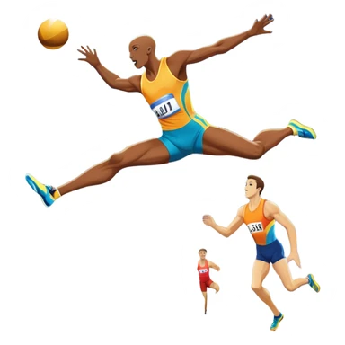 An icon showcasing  a sprinter in full speed, a high jumper soaring over the bar, a long jumper taking off, and a discus thrower in motion. The background features a vibrant stadium with cheering crowds, bright lights, and a clear sky.  sticker
