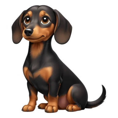 cinematic-[dachshund dog]-realistic-full-body-sitting-emoji,-tail-resting-loosely-beside-its-paws,-head-tilted-dramatically,-sleek-[black and tan]-fur,-simplified-yet-realistic-focused-features,-highly-detailed,-glowing-with-an-almost-sarcastic-glow sticker