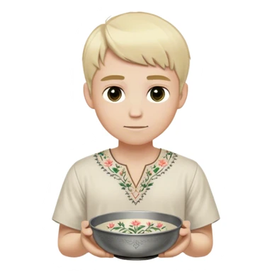 Medieval summer outfit worn by a DnD themed fantasy male character. Light cotton tunic in natural cream color with short sleeves, embroidered with simple floral patterns at the hem, paired with a thin leather belt. Clothes only above the waist, full waist coverage. The character has no arms. Character is white-skinned with pale blonde hair cut in a traditional bowl style, neatly trimmed around the ears and nape, steel gray eyes, and gentle features. sticker