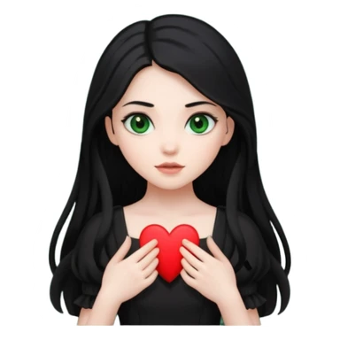 Pale girl with long black hair and dark green eyes wearing black dress and holding black heart sticker
