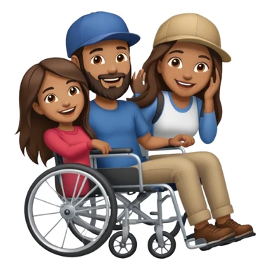 Tan skinned man with a beard and fitted cap in a wheelchair and a brown skinned woman with long dark hair in a wheelchair laughing  sticker