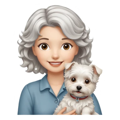 silver, short, wavy-haired with loose curls, smiling pretty lady holding a westie dog and a lhasa apso dog sticker