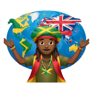 Rasta man with arms wide open 🙌🏾🔥 standing in front of world map 🌍🎶 with every flag 🇯🇲🇺🇸🇬🇧🇫🇷🇮🇳🇧🇷🇳🇬 saying ONE LOVE 💛💚❤️ to di world 🌐🦁 sticker
