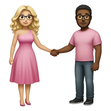 Curvy woman not wearing glasses with long blonde hair and green eyes wearing a pink dress and holding hands with a brown man with short curly black hair and glasses sticker