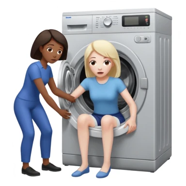 Eine Frau mit dem Kopf  in der Waschmaschine feststeckt und zwei Männer ziehen an ihren Beinen um ihr zu helfen  sticker