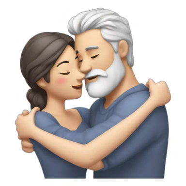 image of woman with dark brown hair kisses and hugs man with gray hair and white beard with floating hearts sticker