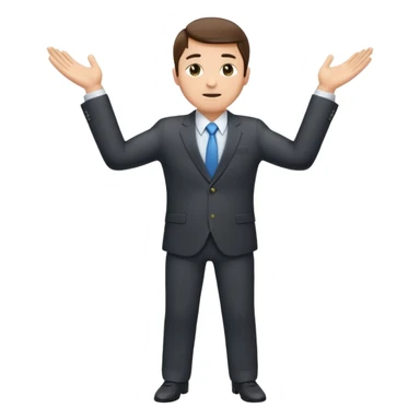 Sticker of a man in a business suit, front view, both arms extended in front of his body at waist level, below chest, hands low near the stomach, elbows slightly bent, palms facing inward as if holding an invisible box, not raised, not upward sticker
