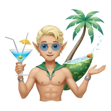 elf male legolas in stylish blue swim trunks, palm extended over cocktail glass, conjuring swirling frost and mist to chill it, silver aviator sunglasses, pointy ears, confident smirk, minimalist beach bar backdrop, centered emoji, summer magic sticker