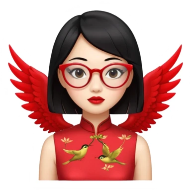 an oriental lady wearing red cheongsam, red lipstick, winged eyeliner, fair light a bit pink skin, small nose, a bit thick sensual lips, not too slim but not fat, wearing transparent glasses, black hair mid length sticker