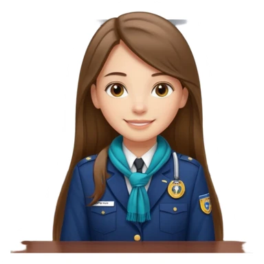 Young girl, long brown straight hair, wearing uniform jacket with hotel name badge, tasteful scarf, stand behind the desk

 sticker
