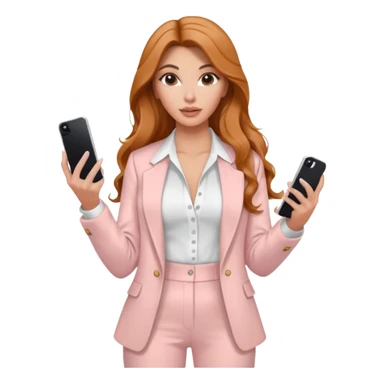 pale skin Kim Kardashian with ginger wavy long Hair, light pink  Spacious classical jacket, light pink palazzo Arrow pants and white blouse holding white IPhone 15 pro in the hands sticker