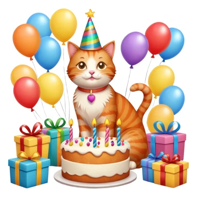 Ginger cat celebrates birthday, birthday hat, birthday cake, balloons, happy, gifts sticker