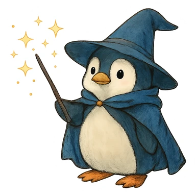 ghibli style wizard penguin with magical sparkles sticker
