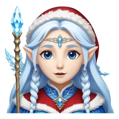 Legendary fantasy Christmas elf portrait icon, Santa Claus and Snow Maiden inspired, ancient winter spirit style, long flowing white-blue hair, glowing frost eyes, crystal staff, elegant elven features, divine winter magic aura, icy silver color palette, highly detailed but clean emoji icon sticker
