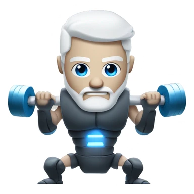 Bionic robot man with white hair and beard and blue human eyes flexing muscly arms and lifting weights   sticker