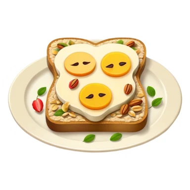 Vegetarian breakfast emoji illustration, flat iOS emoji style, toast, fruits, oatmeal, nuts, milk, no eggs, no meat, no fish, no non-vegetarian food, clean white background.” sticker