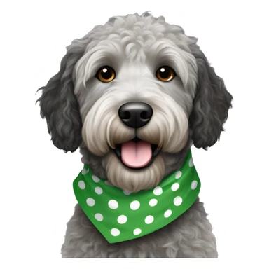 mini black and grey spotted labradoodle dog with green bandana around neck sticker