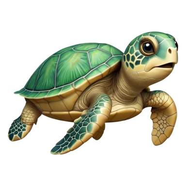 Cinematic Realistic Cute Sea Turtle Portrait Emoji, Head tilted playfully and inquisitively, featuring a compact, gentle form with a beautifully detailed shell adorned with natural patterns and a soft, expressive face with sparkling eyes, rendered with realistic textures and warm ambient light; high shine, affectionate and spirited, styled with a touch of marine whimsy, soft glowing outline, capturing the essence of a mischievous yet lovable sea turtle that seems ready to swim playfully into your arms! sticker
