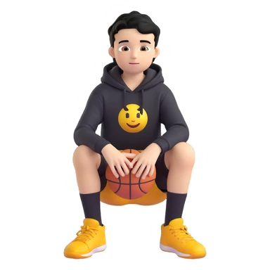 Remove any basketballs and remove his shoes, keep the boy kid sitting with knees up, black hoodie (hood off), smirking, black crew socks, messy black hair, black basketball shorts, yellow skin, Microsoft 3D emoji style, with no background. sticker