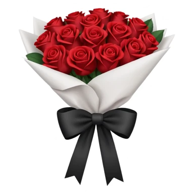Dark red bouquet of roses wrapped in white wrapping paper with black bow sticker