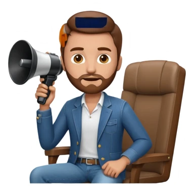 film director emoji with a modern megaphone and director's chair, brown hair and short beard, jeans and a undershirt with blazer top.  sticker