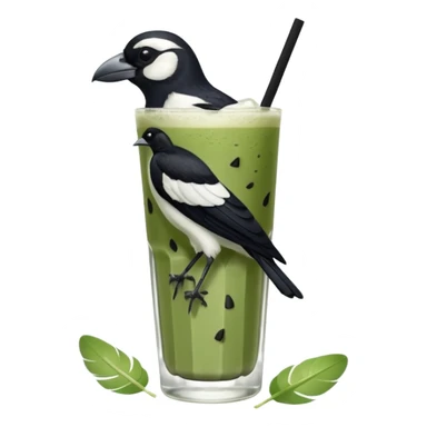 It’s an Australien Magpie (just black and white feathers) sitting on an iced matcha latte on the edge of the glass. It has green matcha on its beak indicating it drank. The iced matxha latte is in a see through glass and white from the oat milk on the bottom and green on top… one straw and ice cubes sticker